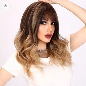 22-inch Ombre Brown Yellow Loose Wave with Bangs (Synthetic Wig)